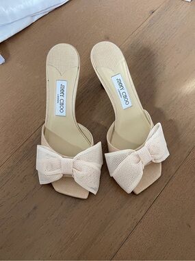 Jimmy Choo Nude Blush Mesh Bow Mule Slides
